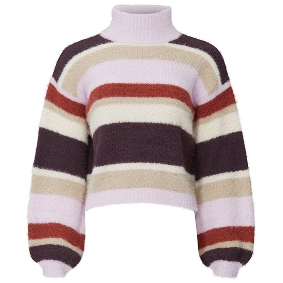 LOUNA Cropped Striped Fuzzy Knit High Mock Neck Long Balloon Sleeves Sweater XL - Picture 10 of 10